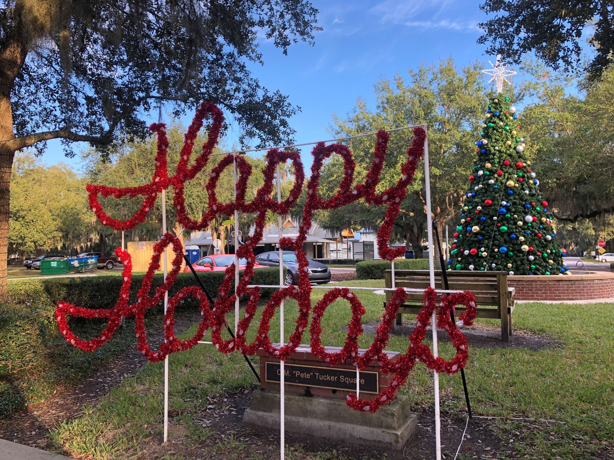 Happy Holidays garland at the town center