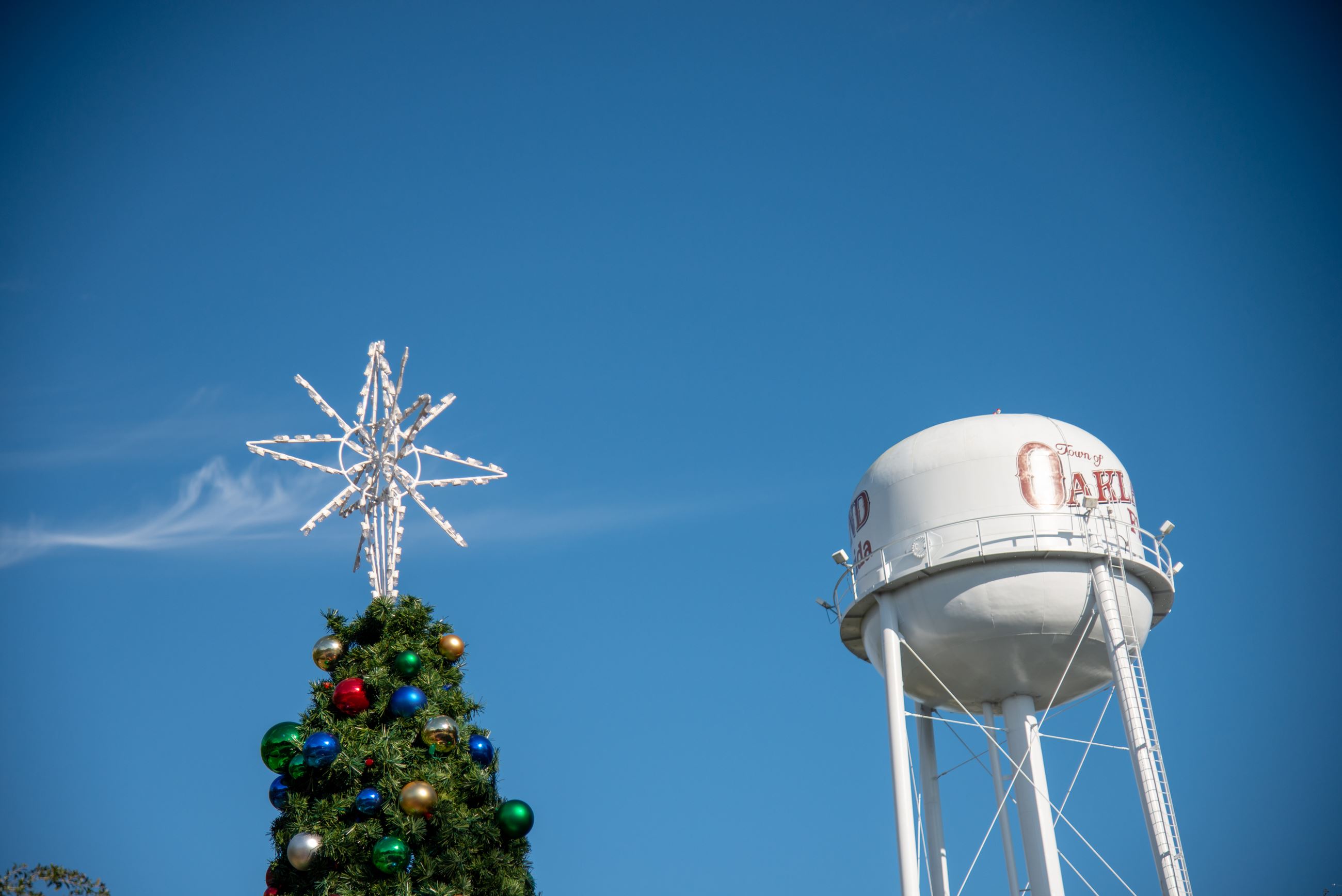 Oakland Christmas tree topper and the top of the water tower
