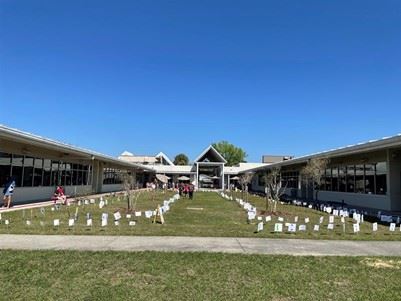 A view of the entire courtyard filled with artwork set up in rows for the Harmony Walk. 